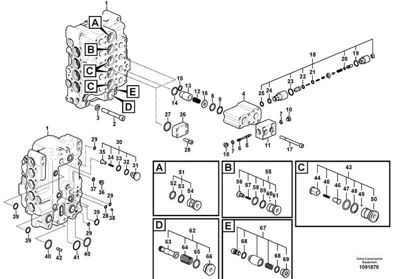 Exploded hydraulic control valve technical diagram