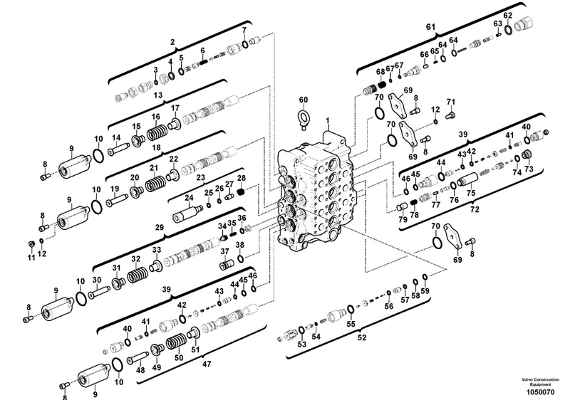 Exploded control valve diagram showing valve sections and components