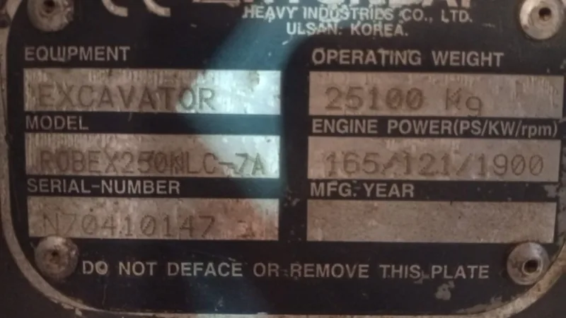 Excavator model and serial plate