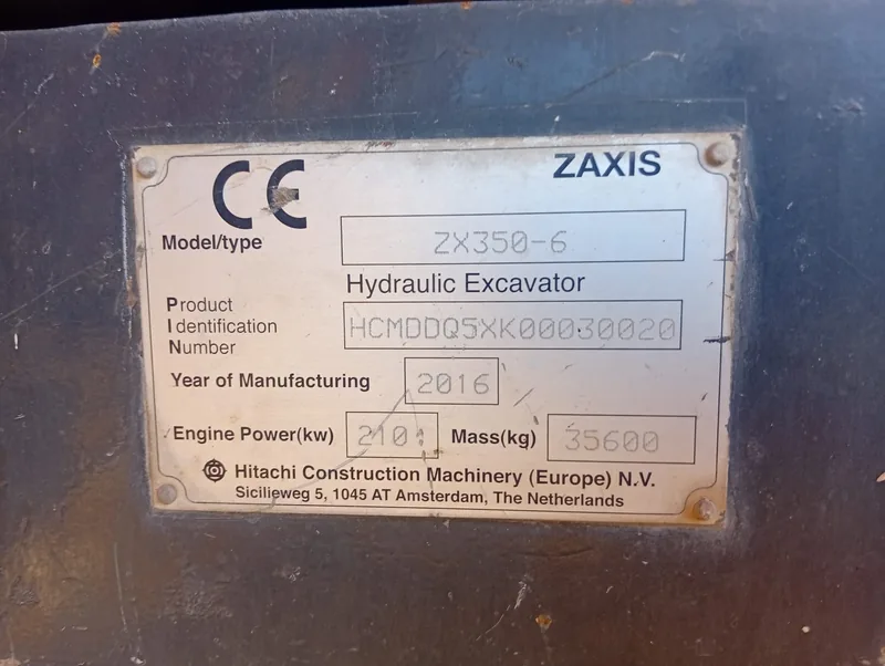 Excavator identification plate