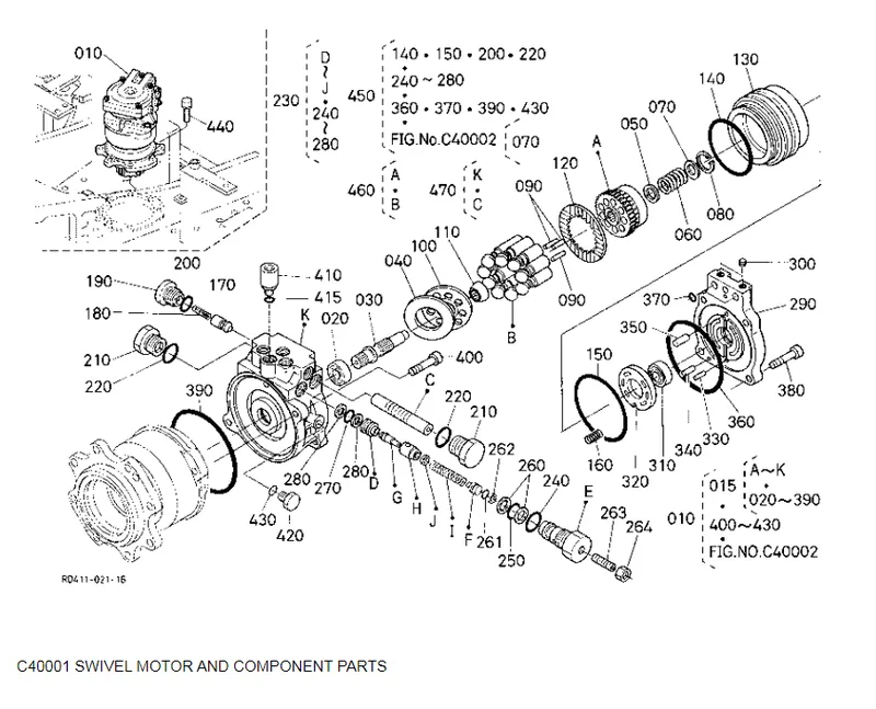Exploded swing gearbox diagram for component reference