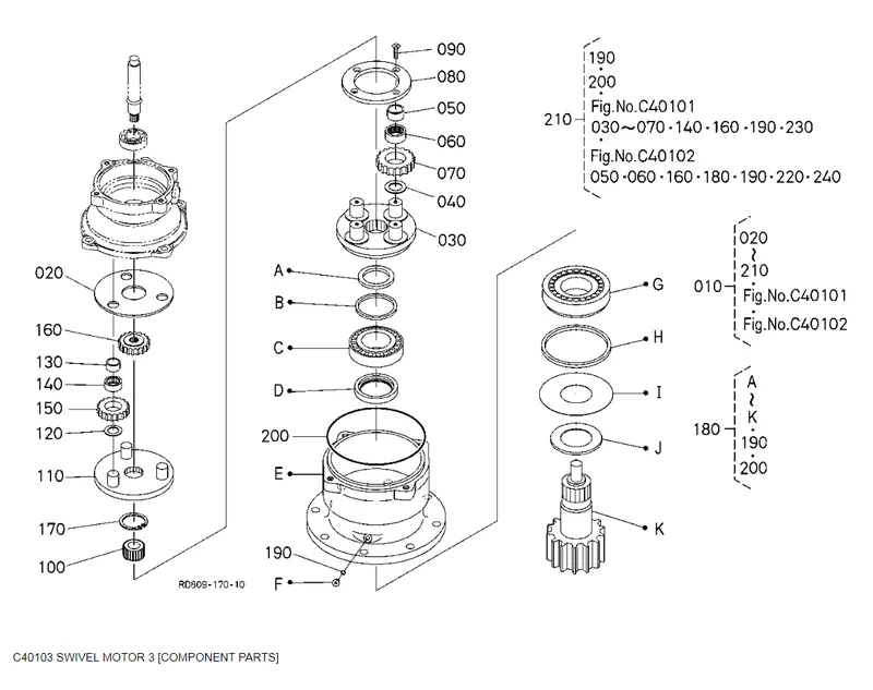 Exploded swing gearbox diagram with numbered components