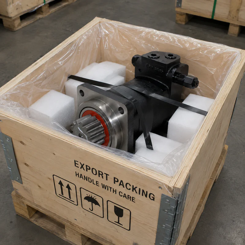 Swing motor secured in wooden export crate