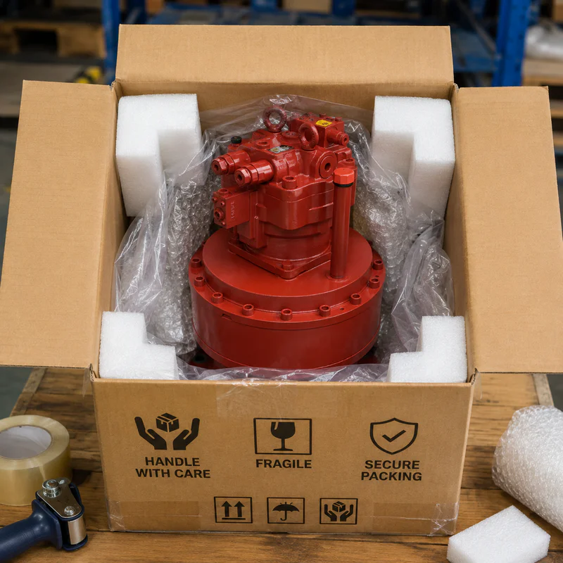 Swing motor wrapped and protected before packing