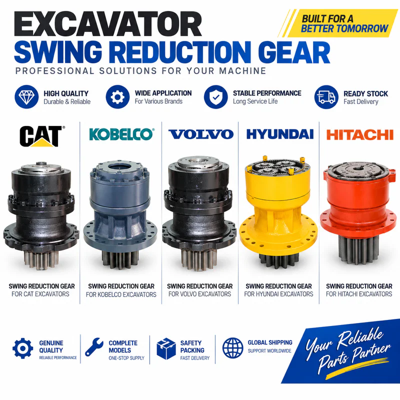 Worn swing reduction gear with a faded nameplate from an older excavator