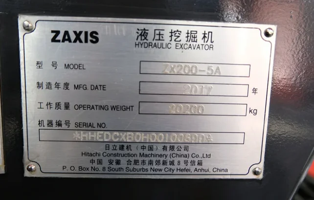 Hitachi ZAXIS ZX350-6 excavator identification plate