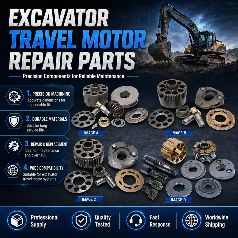 Repair workshop servicing travel motors across machine brands