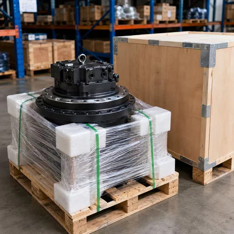 Travel motor secured inside a wooden export crate