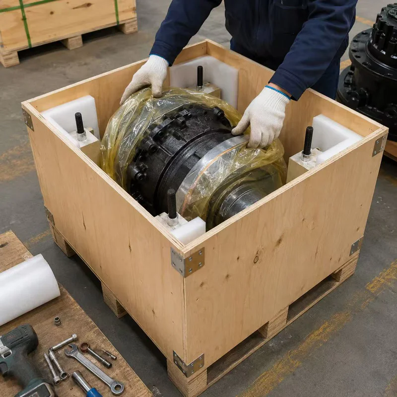 Travel motor packed into a wooden export case